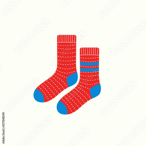 Red socks with blue inserts on a white background