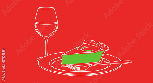 Slice of green pie with a glass of wine on a red background