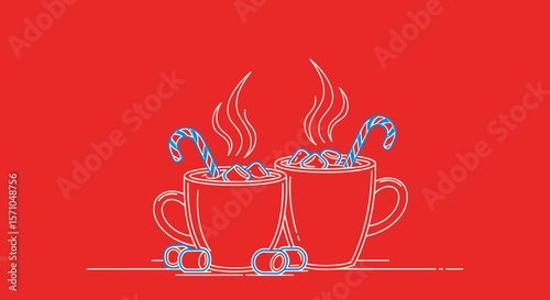 Two cups of hot cocoa with marshmallows and candy canes on a red background