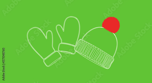 Winter hat and mittens with a red pom-pom on a green background
