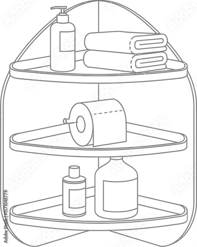 Corner bathroom shelf organizer with towels and toiletries line art design