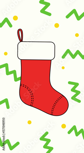 Red Christmas stocking with a white cuff on a decorated background