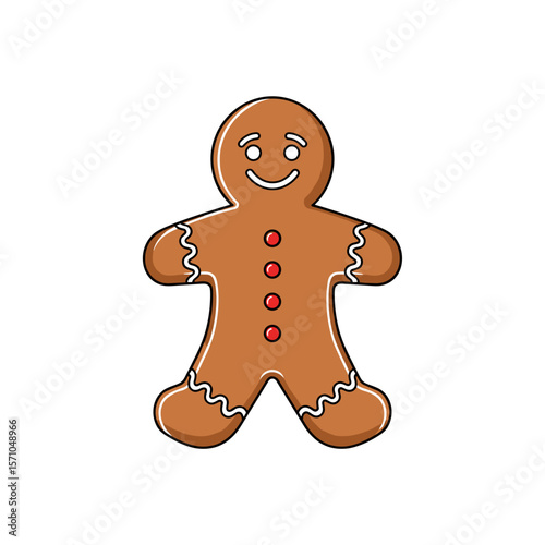 Smiling gingerbread man with red buttons on a white background