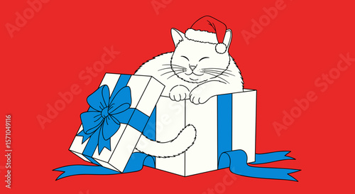 Cute cat in a gift box wearing a Santa hat on a red background