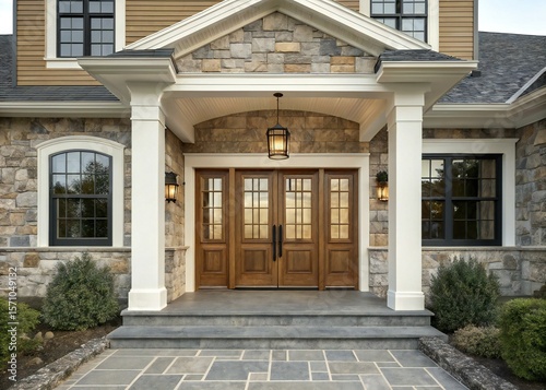 Elegant craftsman-style home entrance with stone facade, wood double doors, symmetrical columns, lantern lights, and manicured landscaping in upscale suburban exterior