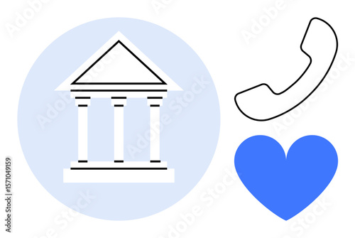 Government building with columns in blue circle, black phone receiver, blue heart. Ideal for public service, communication, customer support, governance, community, trust simple landing page