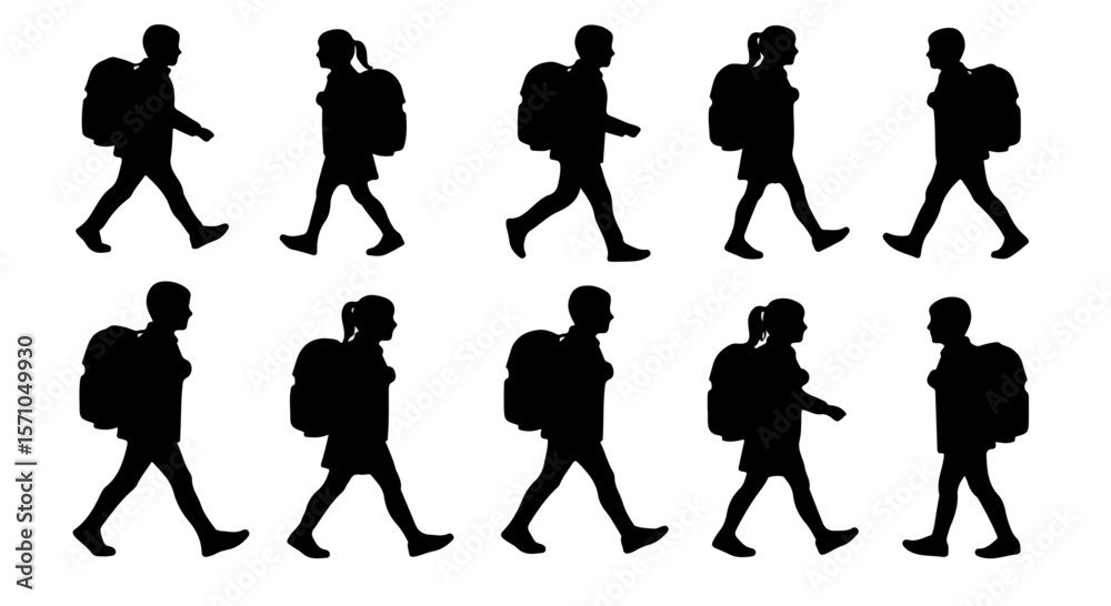 Fototapeta premium Silhouettes of students walking with backpacks illustrate back to school season and education