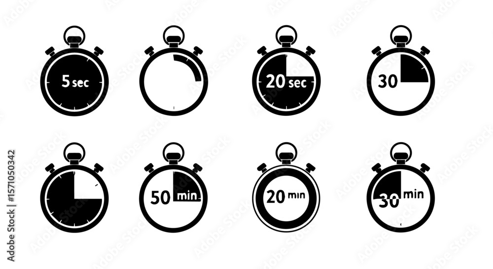 Black and white stopwatch icons show time increments, seconds and minutes elapsed for project planning, silhouette Black and white stopwatch icons show time increments, seconds and minutes elapsed for project planning, silhouette