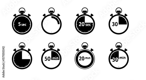Black and white stopwatch icons show time increments, seconds and minutes elapsed for project planning, silhouette