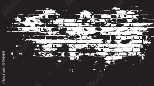 A distressed black and white brick wall texture with heavy contrast and grunge effects visible throughout