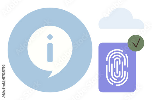 Fingerprint icon next to a verified checkmark, cloud, and information symbol. Ideal for authentication, biometric systems, cloud security, verification, technology services, user access simple flat