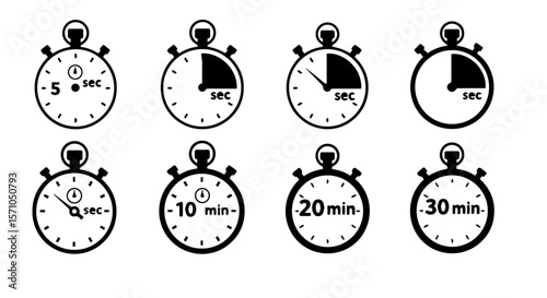 Isolated stopwatches show timing in increments of seconds and minutes for time management and countdowns, silhouette