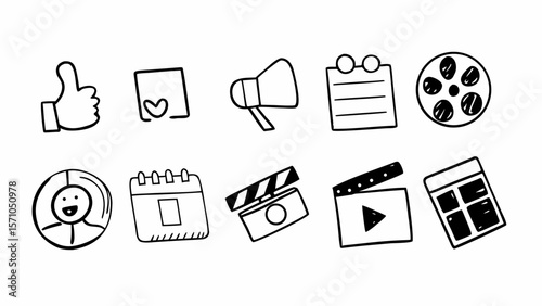 Doodle icons representing social media engagement and content creation