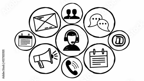 Doodle icons representing various communication methods and customer service