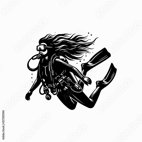 Female Scuba Diver Logo Vector Underwater with Diving Gear Isolated on White