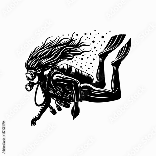 Female Scuba Diver Logo Vector Underwater with Diving Gear Isolated on White