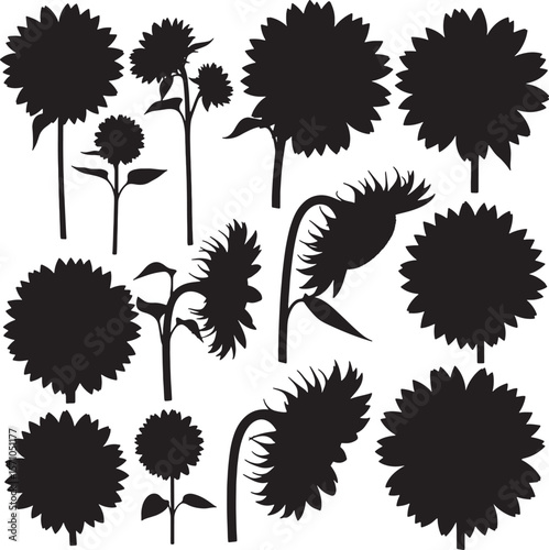 A comprehensive collection of black silhouette sunflower illustrations, showcasing various stages of bloom, angles, and detailed forms, perfect for nature and garden designs