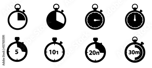 Vector illustration of a stopwatch set showing different time intervals in black and white for business and time management, silhouette