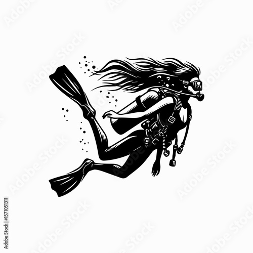 Female Scuba Diver Logo Vector Underwater with Diving Gear Isolated on White