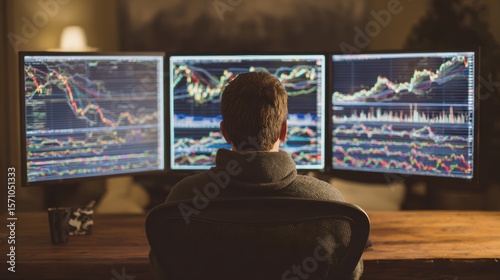 Investor checking oil, gold, and S&P500 prices on triple monitor setup