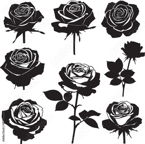 A timeless collection of elegant rose flower and bud silhouettes, featuring detailed petals and stems, perfect for romantic designs, floral branding, and classic decorative patterns