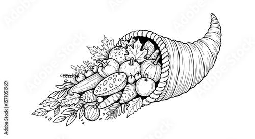 Cornucopia with vegetables for Thanksgiving or autumn fertility design — vintage sketch doodle vector illustration on white background

