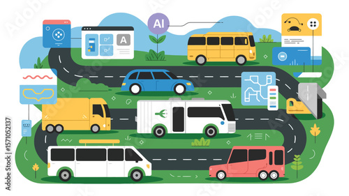 Diverse vehicles on winding roads with technology transportation cars