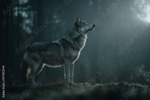 Moonlit Gray Wolf in Misty Forest Clearing Moody Cinematic Wildlife