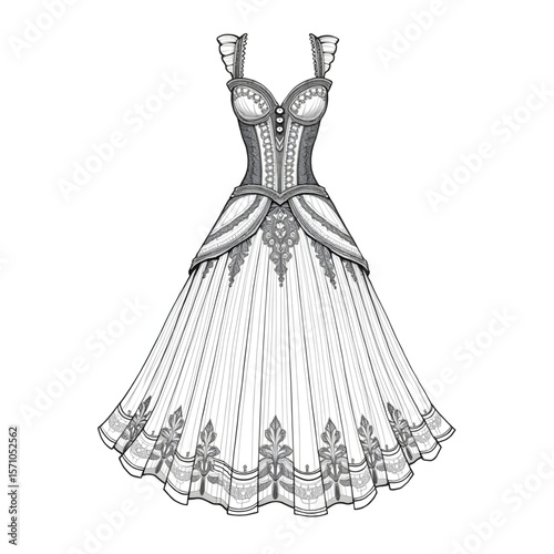 A black and white dress illustration line art of a coloring page