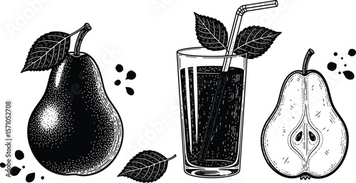 Pear juice drawing vector illustration healthy drink fruit half pear design