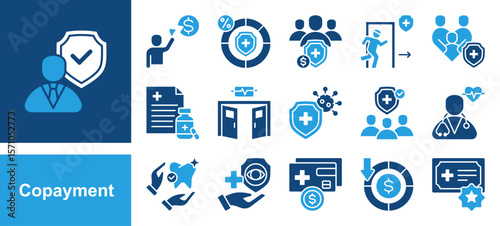 Copayment icon set with Deductible, Insurance premium, Prescription drugs, Emergency room, Primary care, Specialist, Outpatient.