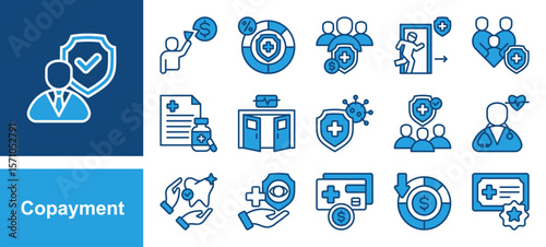 Copayment icon set with Deductible, Insurance premium, Prescription drugs, Emergency room, Primary care, Specialist, Outpatient.