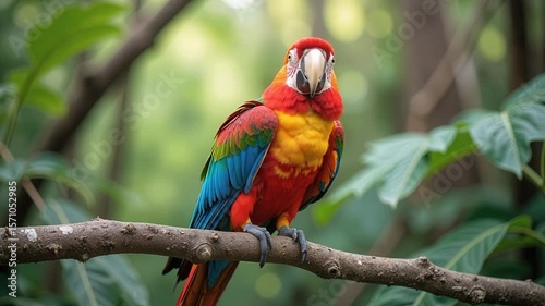 Colorful parrot perched on branch in lush green