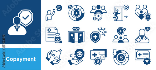 Copayment icon set with Deductible, Insurance premium, Prescription drugs, Emergency room, Primary care, Specialist, Outpatient.
