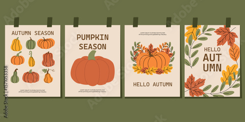Set of autumn greeting cards with pumpkins, leaves, and seasonal messages. Cozy fall illustrations in earthy tones. Perfect for harvest celebration, decor, and seasonal promotions. Vector illustration