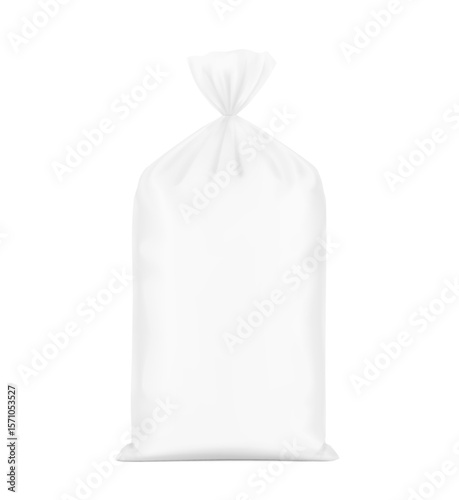 Woven sack bag with tail mockup. High realistic. Vector illustration isolated on white background. Ready for use in presentation, promo, advertising. EPS10.