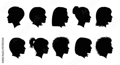 Silhouette portraits show diversity in female hairstyles, reflecting different generations and personal style choices for beauty and expression.