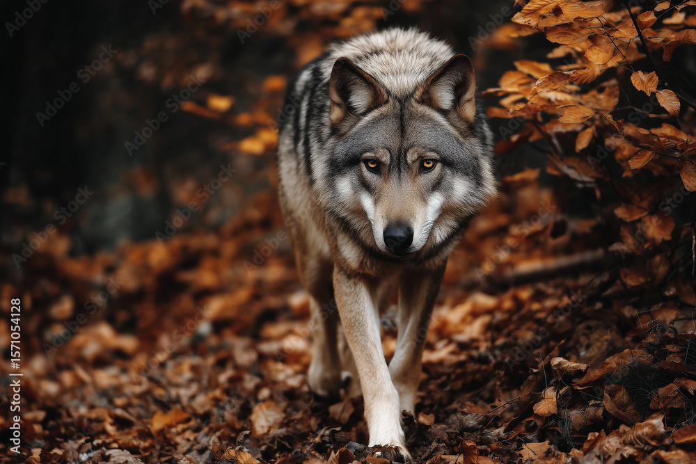 Fototapeta premium A gray wolf walks alone through an autumn forest with fallen leaves.