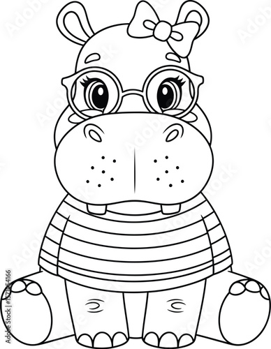 Cute hippo coloring page vector illustration for kids and adults to print