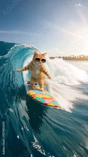 Cat surfing big wave with sunglasses