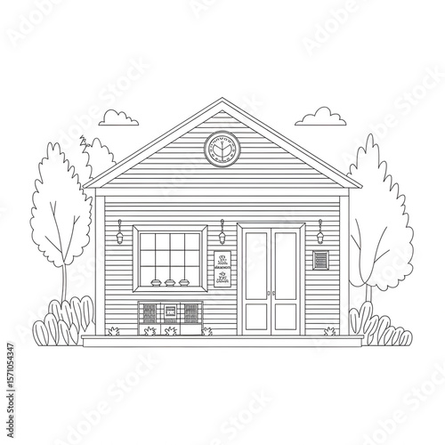 A black and white coffee house illustration line art of a coloring page