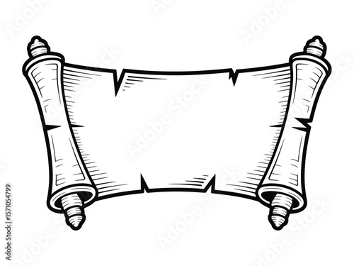 A black and white illustration of a parchment scroll with decorative scroll ends