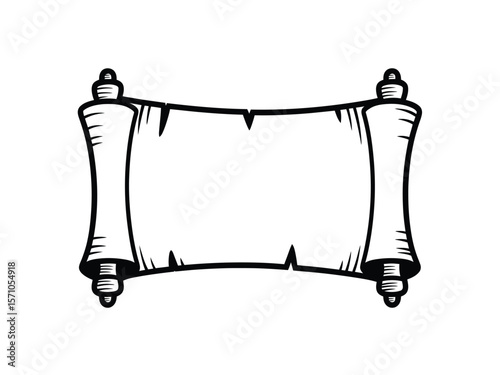 A black and white illustration of a parchment scroll with decorative scroll ends