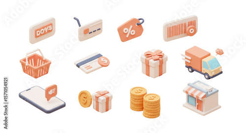 Isometric e commerce elements including shopping cart credit card and delivery truck on white background