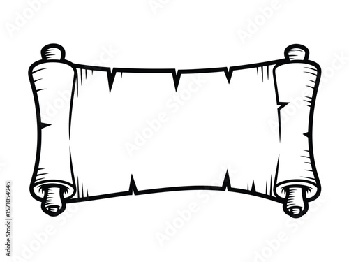 A black and white illustration of a parchment scroll with decorative scroll ends