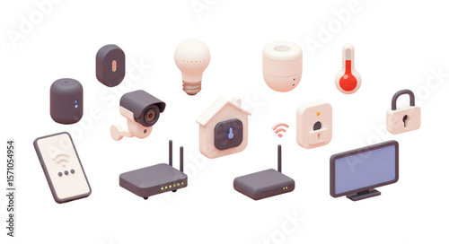 Isometric smart home devices including security camera thermostat and wireless router on white background
