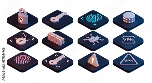 Isometric security icons featuring padlock key fingerprint database firewall bug vpn and warning sign