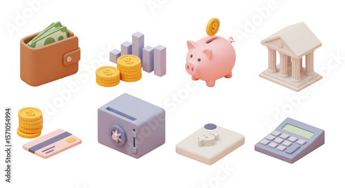 Various financial icons including wallet, coins, piggy bank, safe and calculator are displayed