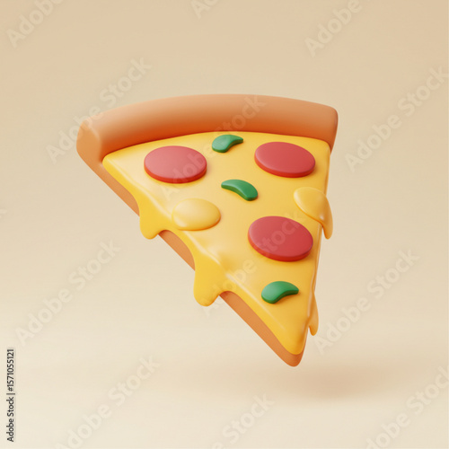 A single slice of pizza with pepperoni and green peppers on a light background is displayed