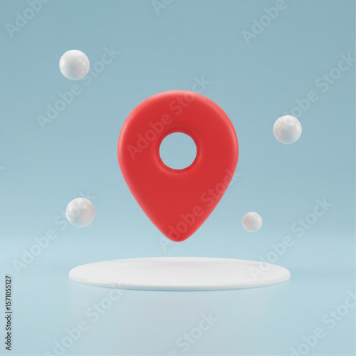 A red location pin floating above a white platform with white spheres in a light blue background